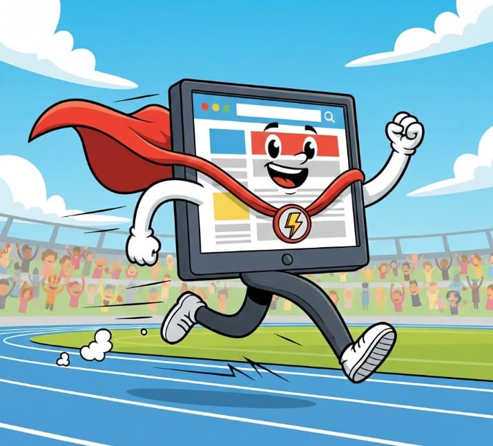 Cartoon: a caped web page with a lightning bolt medal sprinting down a running track as a stadium crowd cheers