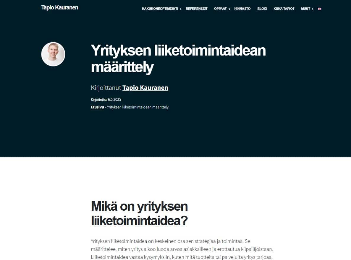 An article created with AI, published on the site: the headline “Yrityksen liiketoimintaidean määrittely” (defining a company's business idea)
