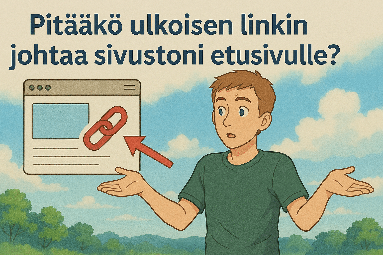 Piirretty mies kohauttaa epätietoisena olkiaan selainikkunan vieressä, jossa punainen nuoli osoittaa linkkisymbolia