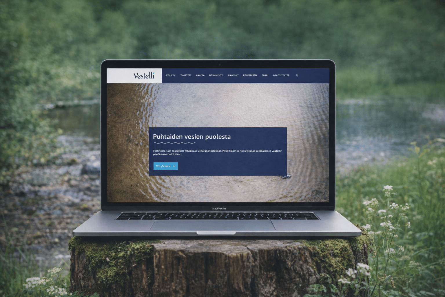 Vestelli's website on a laptop by a stream, with the headline “Puhtaiden vesien puolesta” (for clean waters)