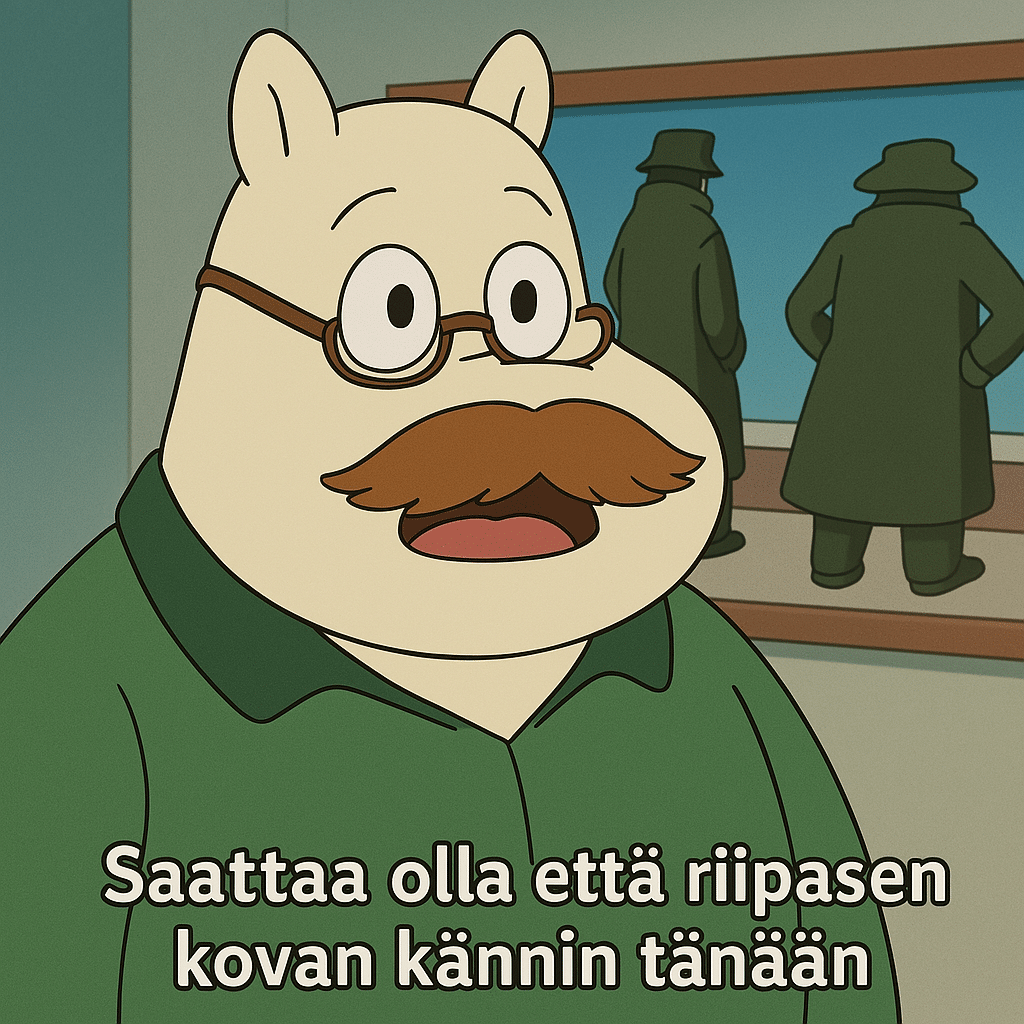 Muumihahmoksi muutettu meemi: viiksekäs hahmo silmälaseissa ja teksti ”Saattaa olla että riipasen kovan kännin tänään”