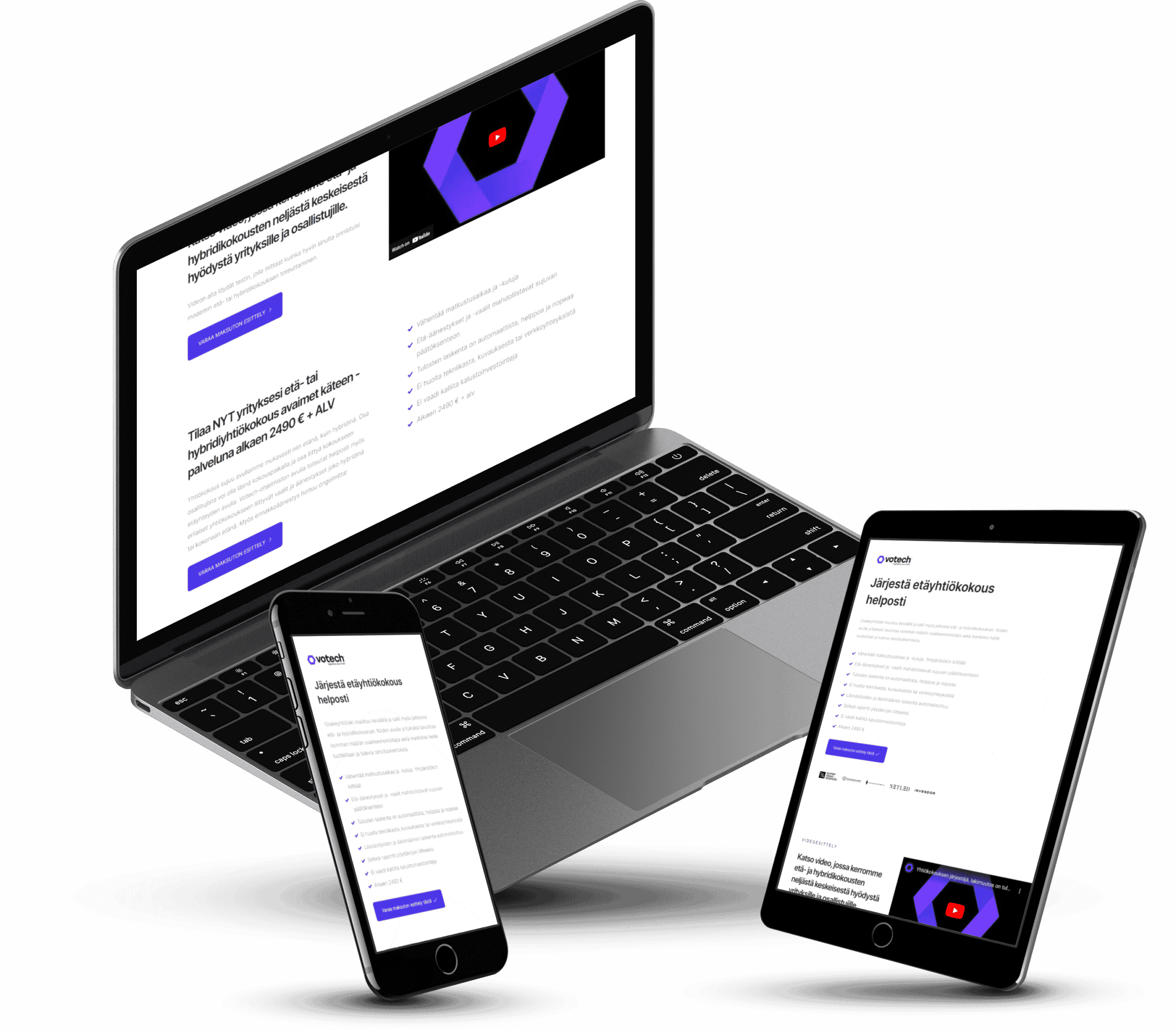 Votech's landing page on a laptop, a tablet and a phone, with the headline “Järjestä etäyhtiökokous helposti” (hold a remote general meeting easily)