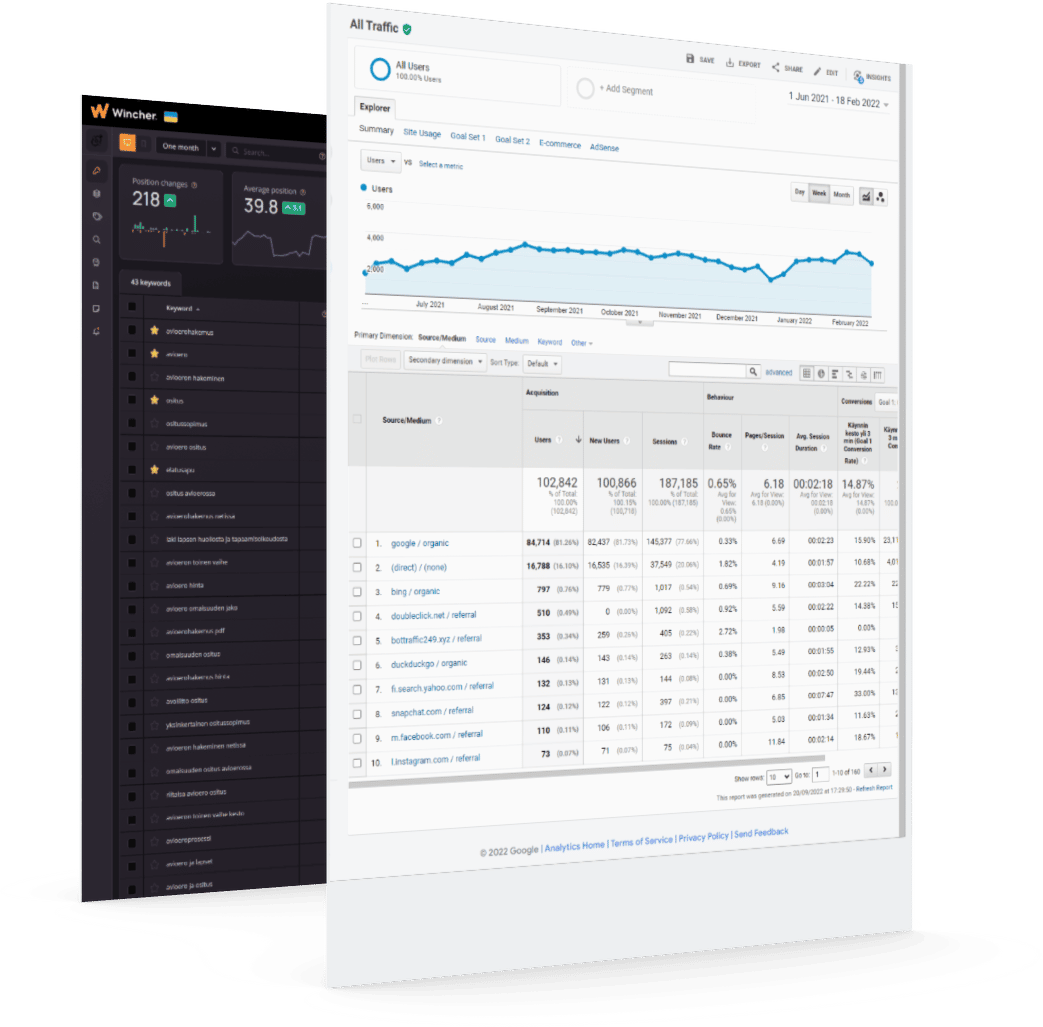 Wincher keyword tracking and a Google Analytics report: 81% of users come from Google's organic search