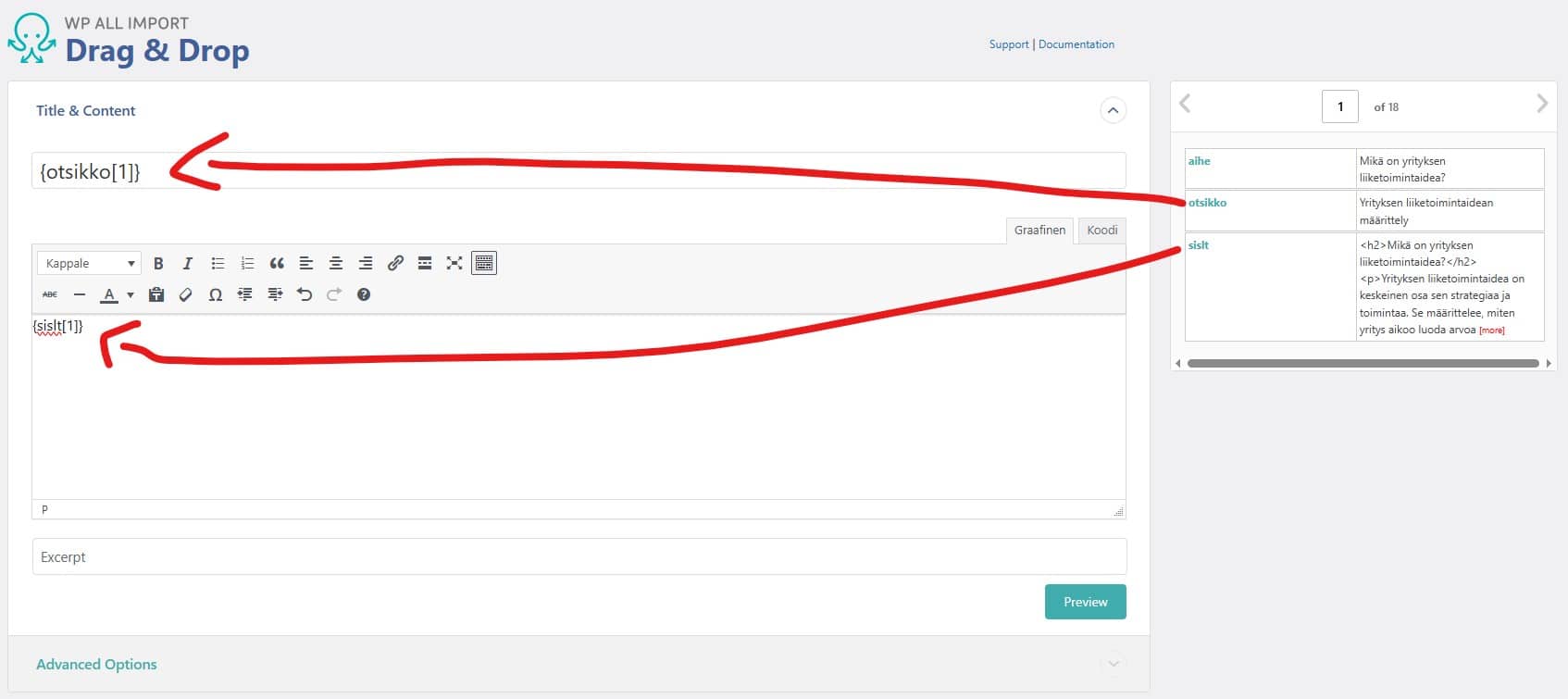 WP All Import's Drag & Drop: the file's otsikko (title) and sisältö (content) fields are dragged into the post's title and content