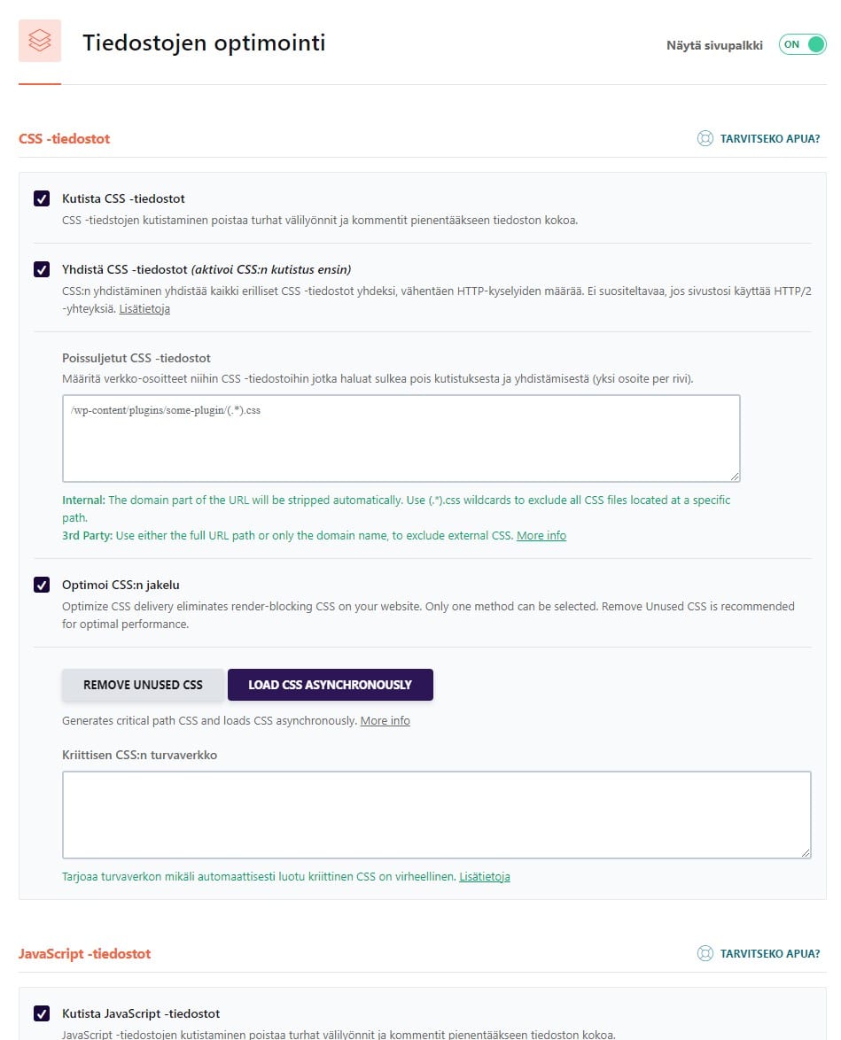 WP Rocket's file optimization: minify CSS files, combine CSS files and optimize CSS delivery, all switched on