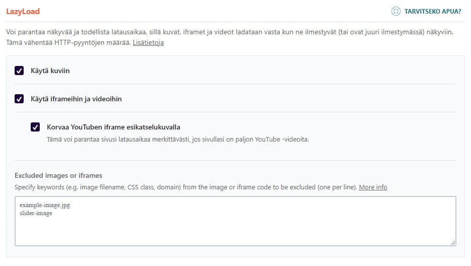 WP Rocket's LazyLoad settings: lazy loading for images, iframes and videos, and YouTube iframes replaced with a preview image
