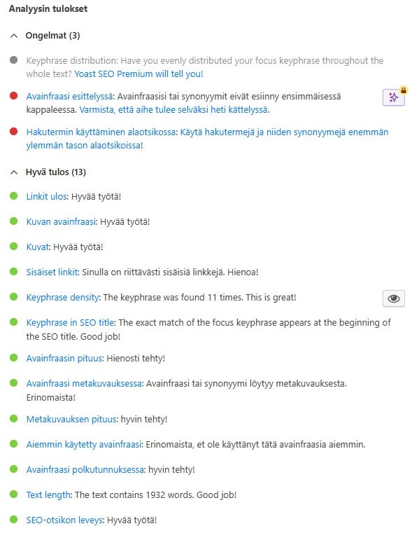 Yoast SEO -lisäosan analyysin tulokset: 3 ongelmaa ja 13 vihreällä merkittyä hyvää tulosta