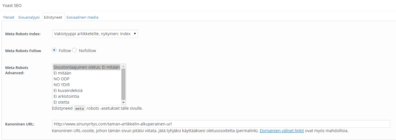 Yoast SEO's Edistyneet (Advanced) tab, with the article's original address typed into the Kanoninen URL (canonical URL) field