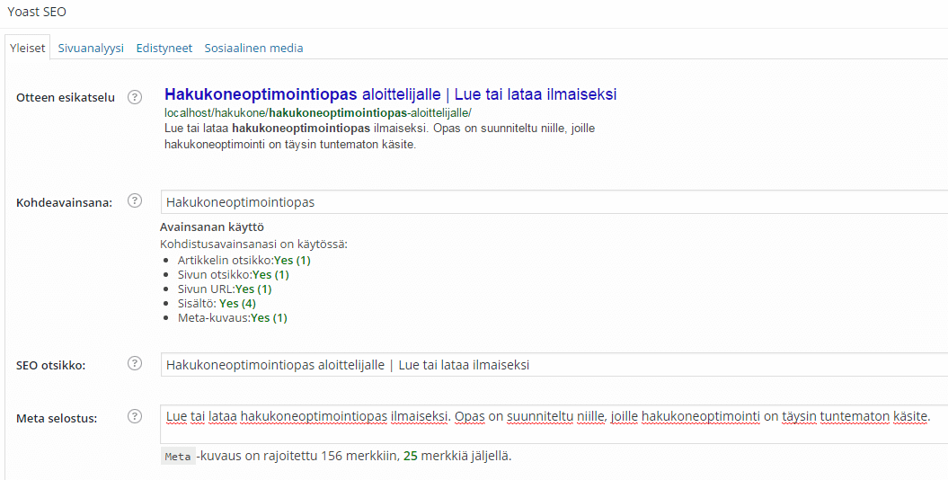 Yoast SEO's Yleiset (General) tab: the search result preview, the focus keyword “Hakukoneoptimointiopas” (SEO guide), the SEO title and the meta description
