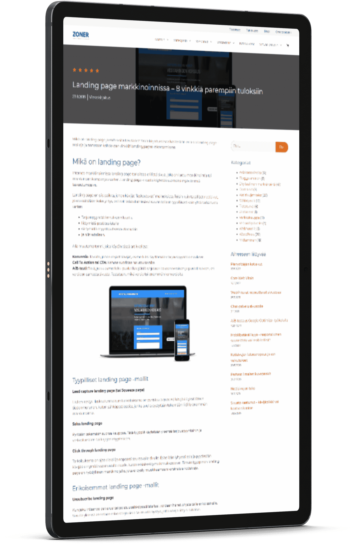 Zoner's blog article “Landing page markkinoinnissa – 8 vinkkiä parempiin tuloksiin” (landing pages in marketing: 8 tips for better results) on a tablet screen